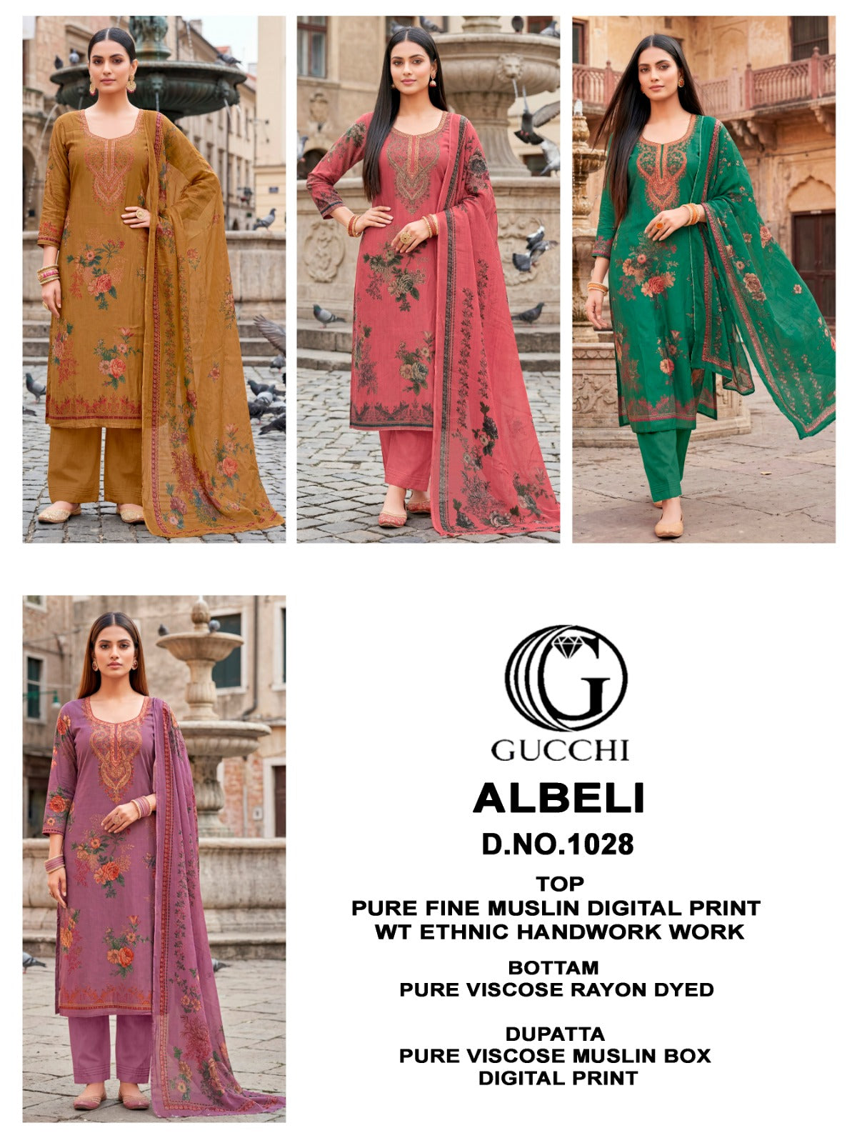 Albeli 1028 Gucchi Viscose Muslin Pant Style Suits Wholesale Price