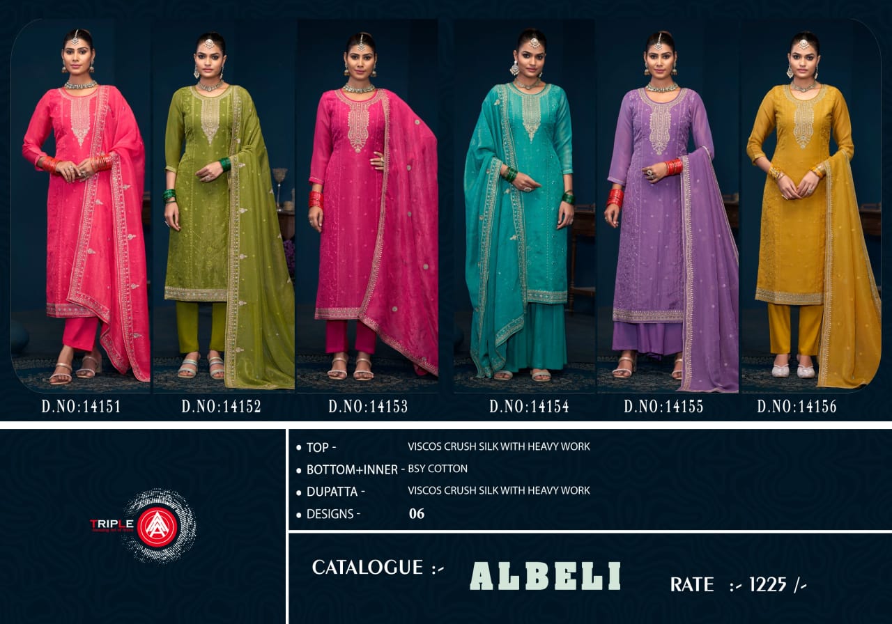 Albeli Triple Aaa Crush Silk Plazzo Style Suits Wholesale
