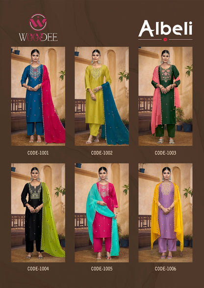 Albeli Woodee Viscose Silk Readymade Pant Style Suits Wholesale Price