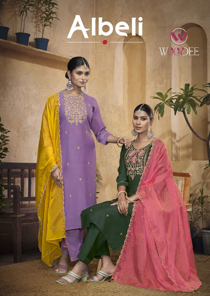 Albeli Woodee Viscose Silk Readymade Pant Style Suits Wholesale Price