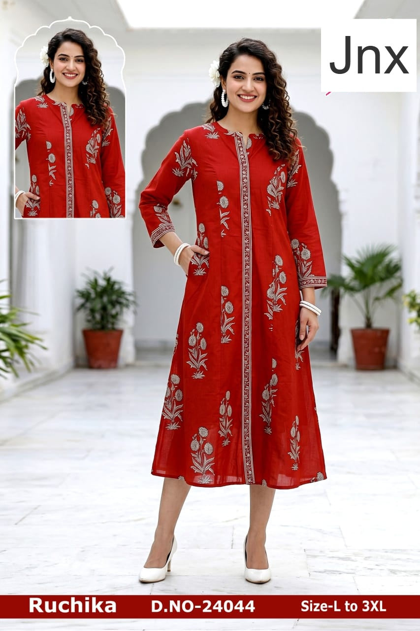 Alcazar-Ruchika Jnx Cambric Cotton A-Line Kurti Manufacturer Ahmedabad