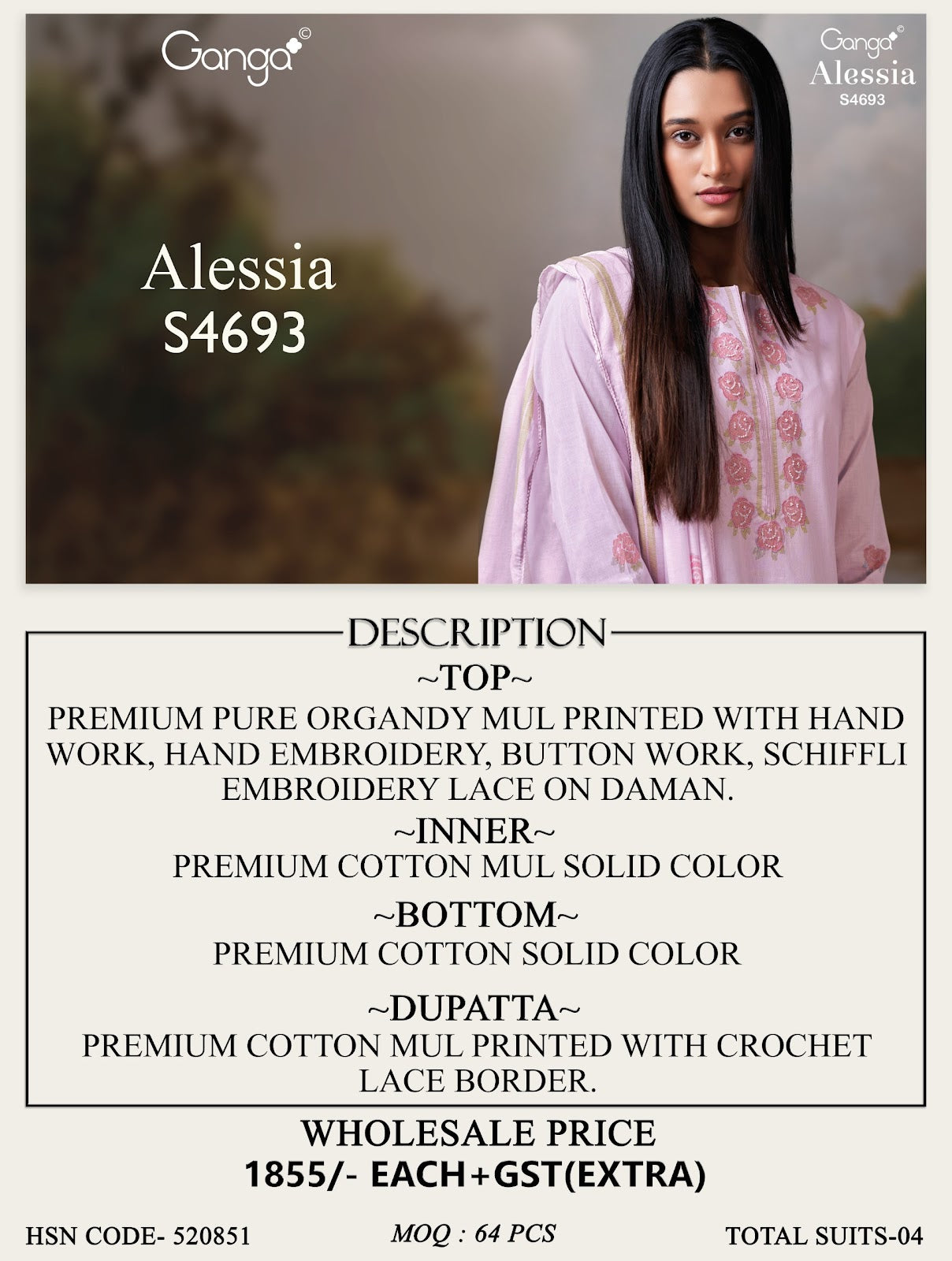 Alessia S4693 Ganga Organdy Pant Style Suits Wholesaler Ahmedabad