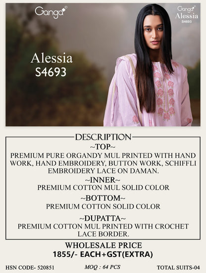 Alessia S4693 Ganga Organdy Pant Style Suits Wholesaler Ahmedabad