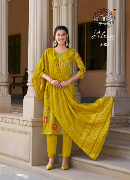 Alexa Vol 3 Radhika Lifestyle Vetican Silk Readymade Pant Style Suits Wholesale Rate