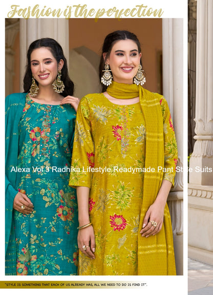 Alexa Vol 3 Radhika Lifestyle Vetican Silk Readymade Pant Style Suits Wholesale Rate