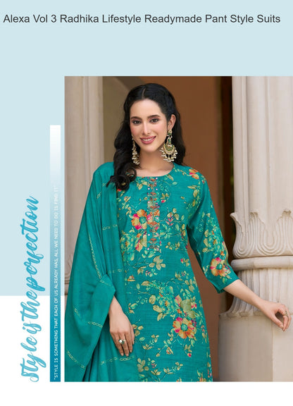 Alexa Vol 3 Radhika Lifestyle Vetican Silk Readymade Pant Style Suits Wholesale Rate