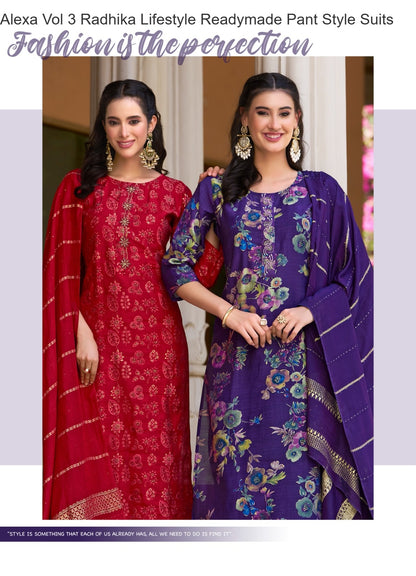 Alexa Vol 3 Radhika Lifestyle Vetican Silk Readymade Pant Style Suits Wholesale Rate