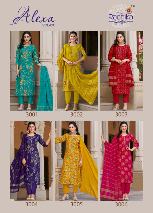 Alexa Vol 3 Radhika Lifestyle Vetican Silk Readymade Pant Style Suits Wholesale Rate