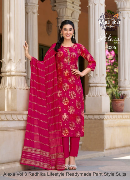 Alexa Vol 3 Radhika Lifestyle Vetican Silk Readymade Pant Style Suits Wholesale Rate