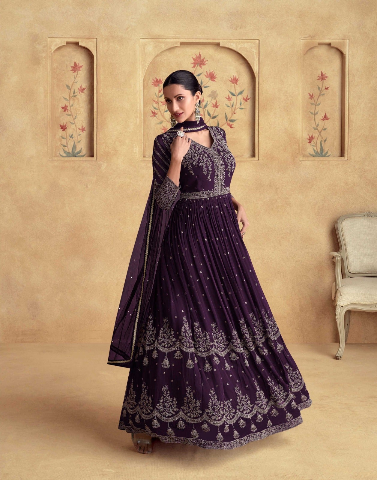 Alfaaz Gold Aashirwad Creation Georgette Gown Dupatta Set Wholesale