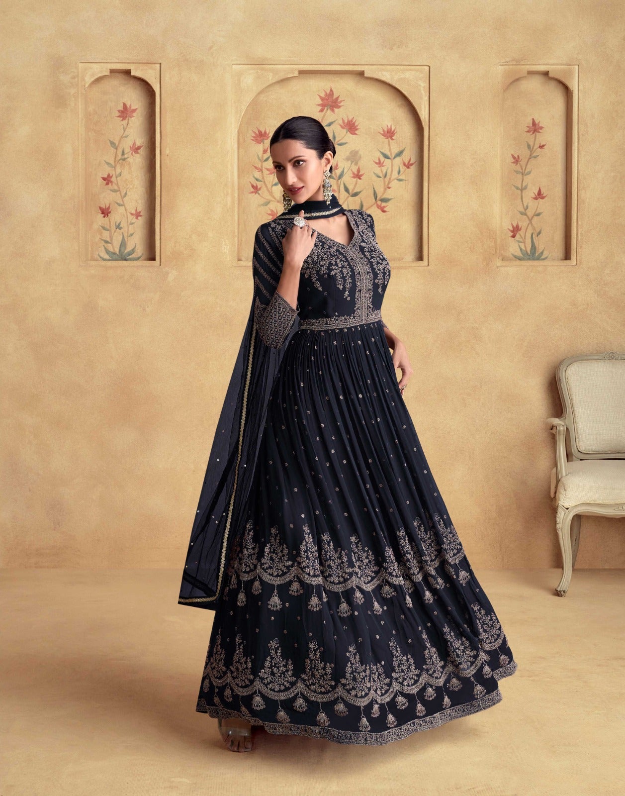 Alfaaz Gold Aashirwad Creation Georgette Gown Dupatta Set Wholesale