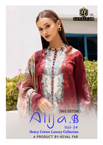 Alija B Vol 34 Heavy Cotton Luxury Collection Keval Fab Karachi Readymade Suits Wholesaler India