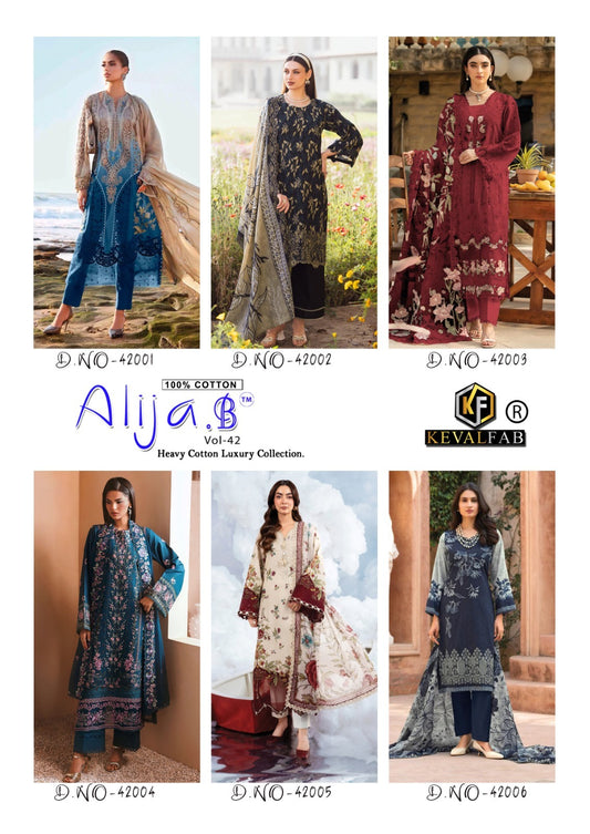 Alija B Vol 42 Keval Fab Lawn Cotton Karachi Salwar Suits Exporter
