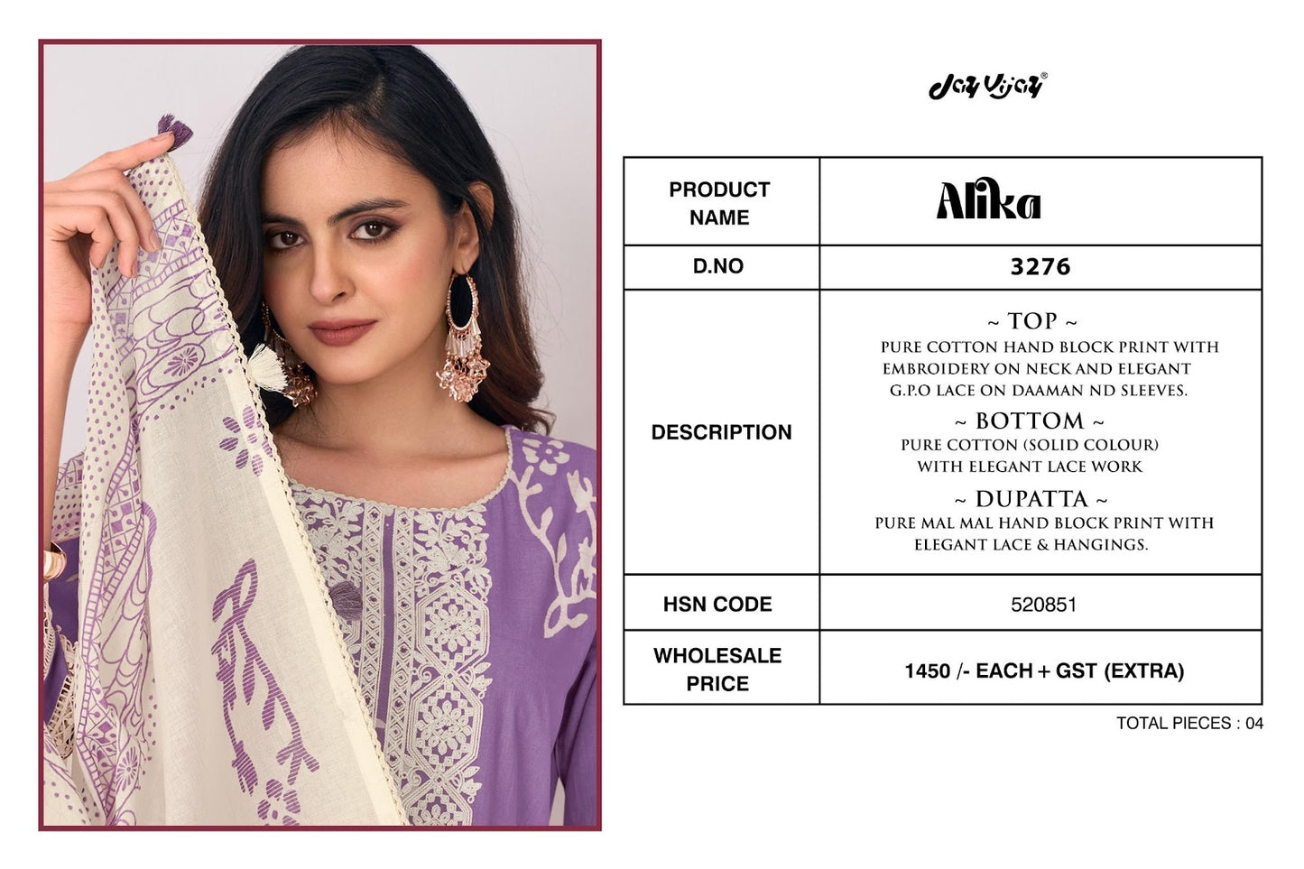 Alika 3276 Jay Vijay Pure Cotton Pant Style Suits Supplier Gujarat