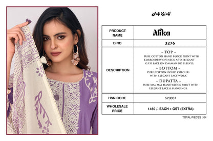 Alika 3276 Jay Vijay Pure Cotton Pant Style Suits Supplier Gujarat