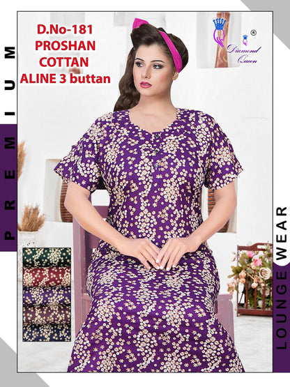 Aline 3 Buttons Diamond Queen Cotton Night Gowns Wholesaler India