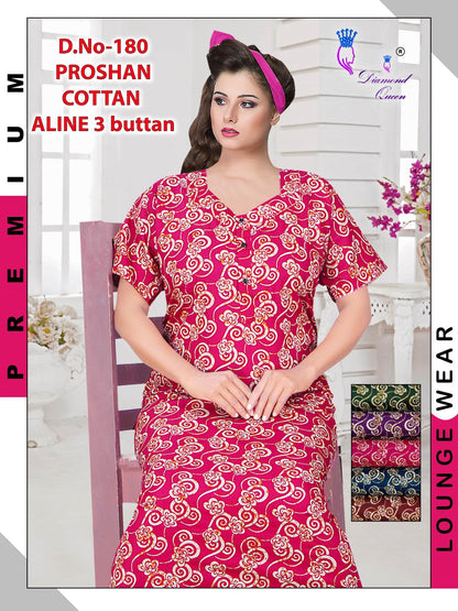 Aline 3 Buttons Diamond Queen Cotton Night Gowns Wholesaler India