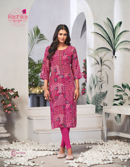 Alisha Vol 2 Radhika Lifestyle Liva Reyon Long Straight Kurti Wholesaler Ahmedabad