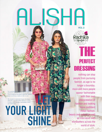 Alisha Vol 2 Radhika Lifestyle Liva Reyon Long Straight Kurti Wholesaler Ahmedabad
