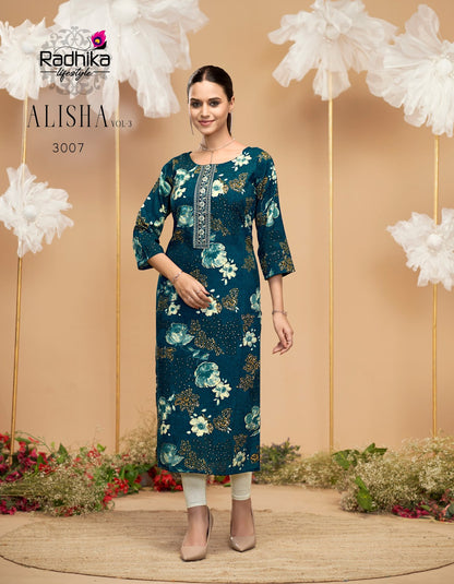Alisha Vol 3 Radhika Lifestyle Liva Reyon Long Kurtis Wholesale Price