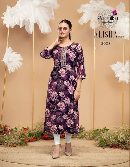 Alisha Vol 3 Radhika Lifestyle Liva Reyon Long Kurtis Wholesale Price