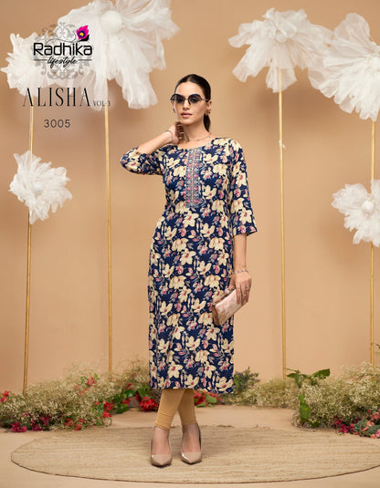 Alisha Vol 3 Radhika Lifestyle Liva Reyon Long Kurtis Wholesale Price