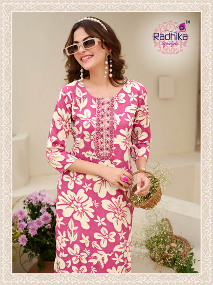 Alisha Vol 4 Radhika Lifestyle Liva Reyon Long Straight Kurti Wholesale Price
