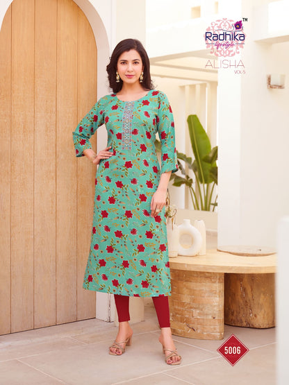 Alisha Vol 5 Radhika Lifestyle Reyon Straight Cut Kurtis Wholesale