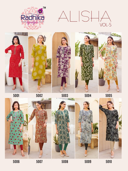 Alisha Vol 5 Radhika Lifestyle Reyon Straight Cut Kurtis Wholesale