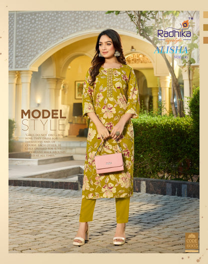 Alisha Vol 6 Radhika Lifestyle Liva Reyon Straight Cut Kurtis Supplier