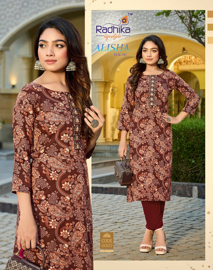 Alisha Vol 6 Radhika Lifestyle Liva Reyon Straight Cut Kurtis Supplier