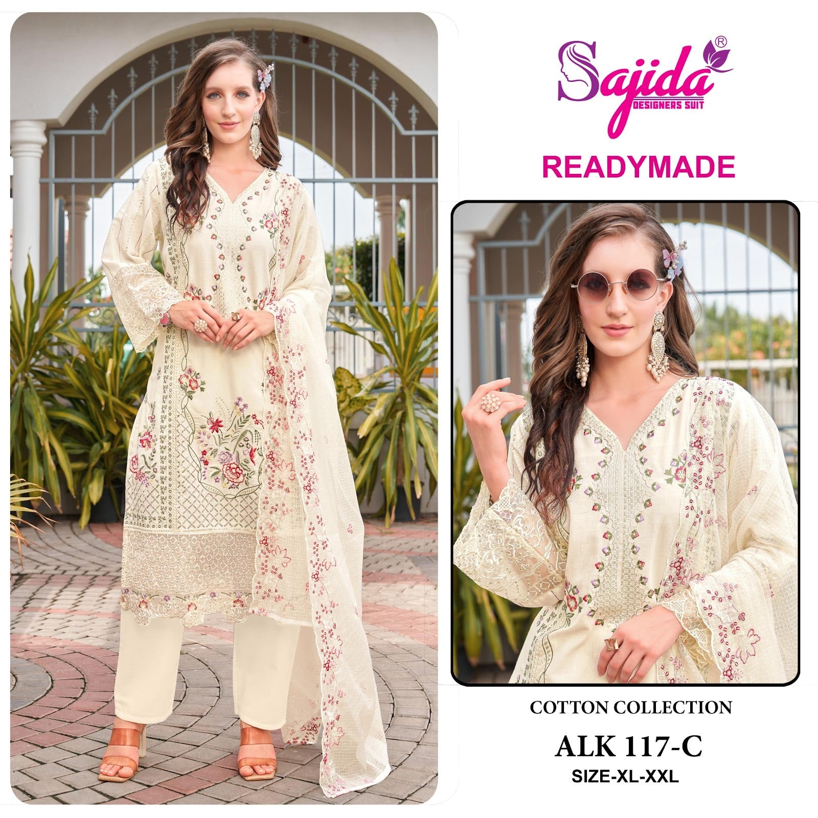 Alk 117 Sajida Cambric Cotton Pakistani Readymade Suits Exporter India