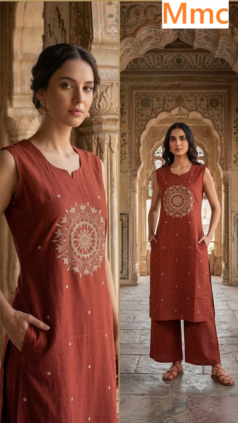Almond Flower Mmc Dhabu Cotton Kurti Plazzo Set Wholesale