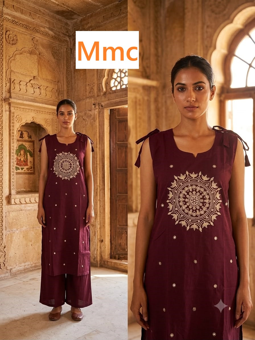 Almond Flower Mmc Dhabu Cotton Kurti Plazzo Set Wholesale