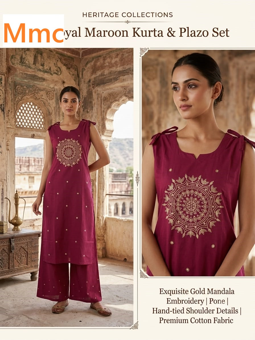 Almond Flower Mmc Dhabu Cotton Kurti Plazzo Set Wholesale