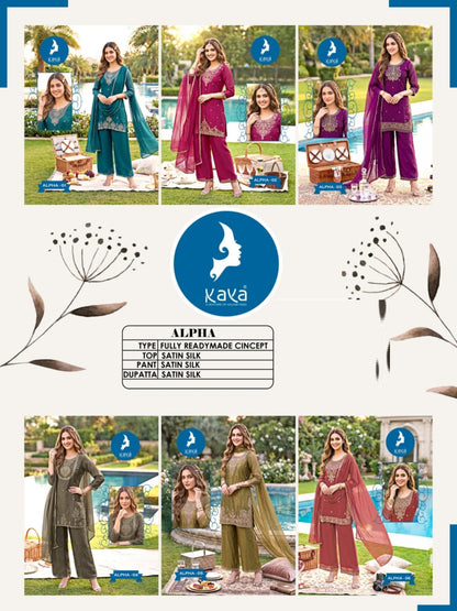 Alpha Kaya Satin Silk Readymade Plazzo Style Suits Wholesaler