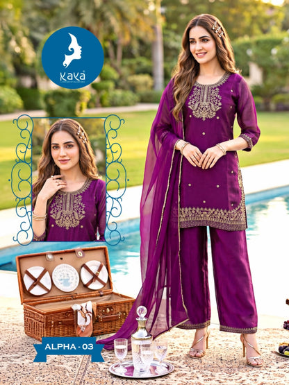 Alpha Kaya Satin Silk Readymade Plazzo Style Suits Wholesaler