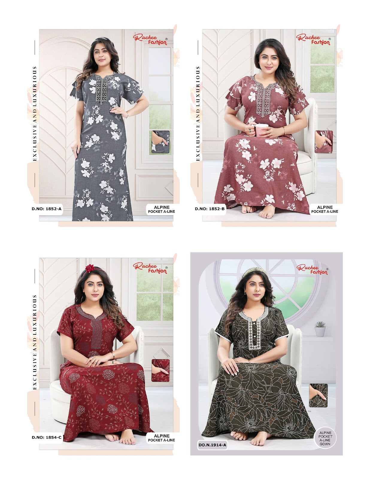 Full Sleeves 271025 Diamond Queen Rayon Night Gowns Wholesaler Gujarat