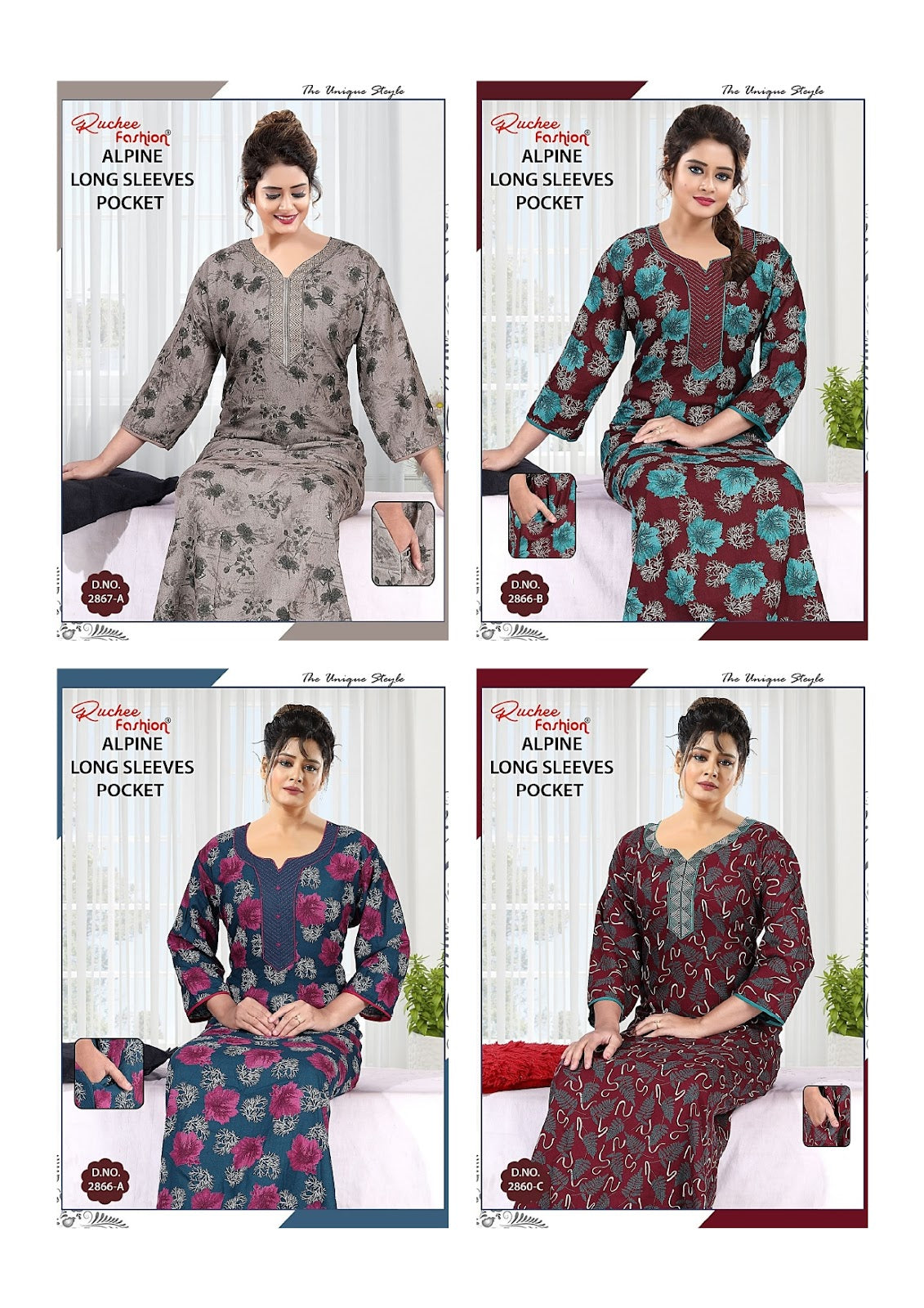 Alpine Long Sleeves Ruchee Fashion Night Gowns Wholesaler Gujarat