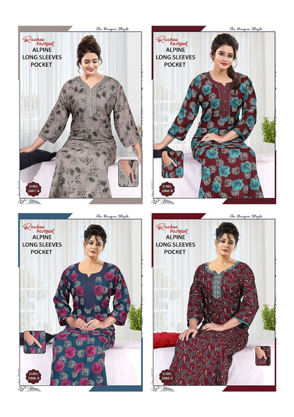 Alpine Long Sleeves Ruchee Fashion Night Gowns Wholesaler Gujarat