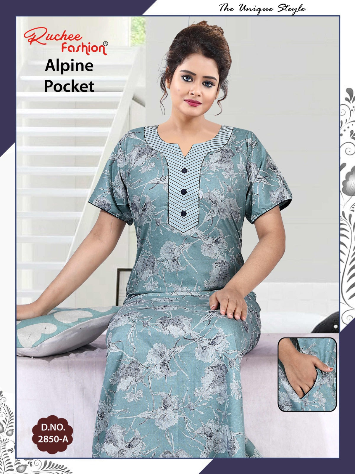 अल्पाइन पॉकेट 150325 रुची फैशन नाइट गाउन सप्लायर