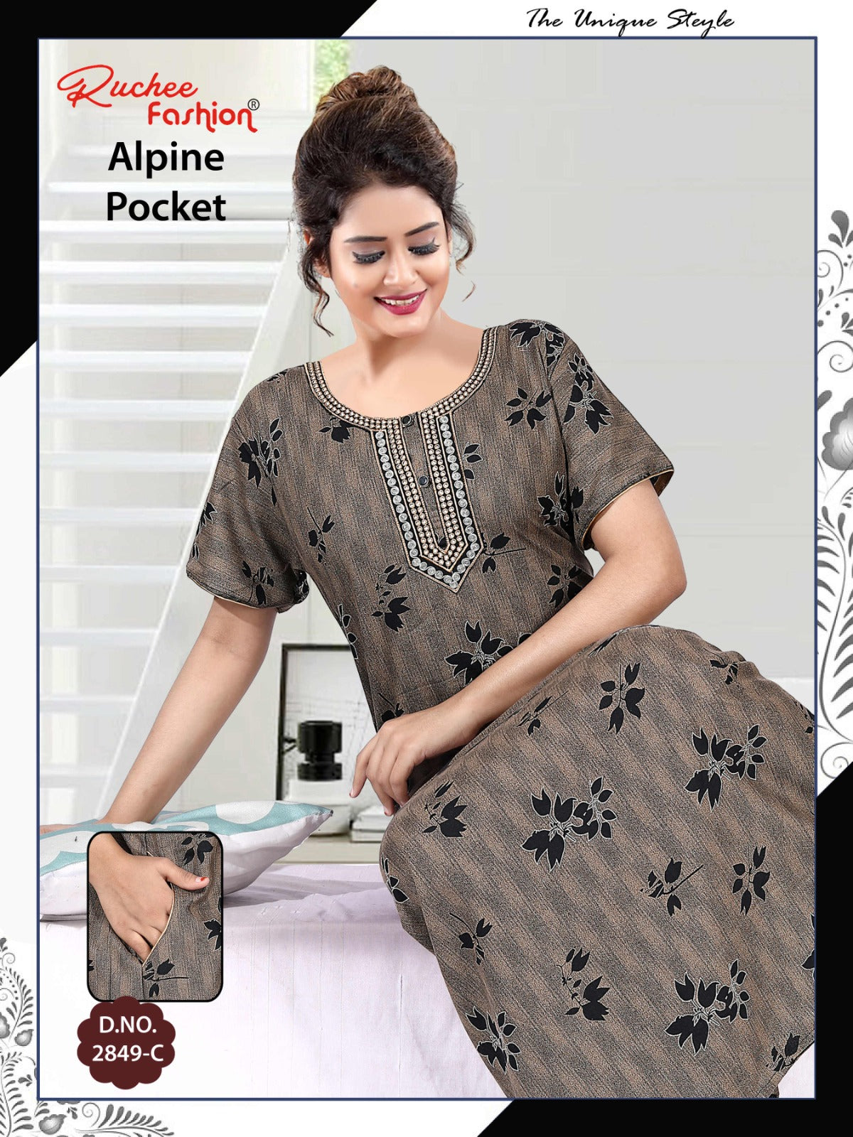 अल्पाइन पॉकेट 150325 रुची फैशन नाइट गाउन सप्लायर