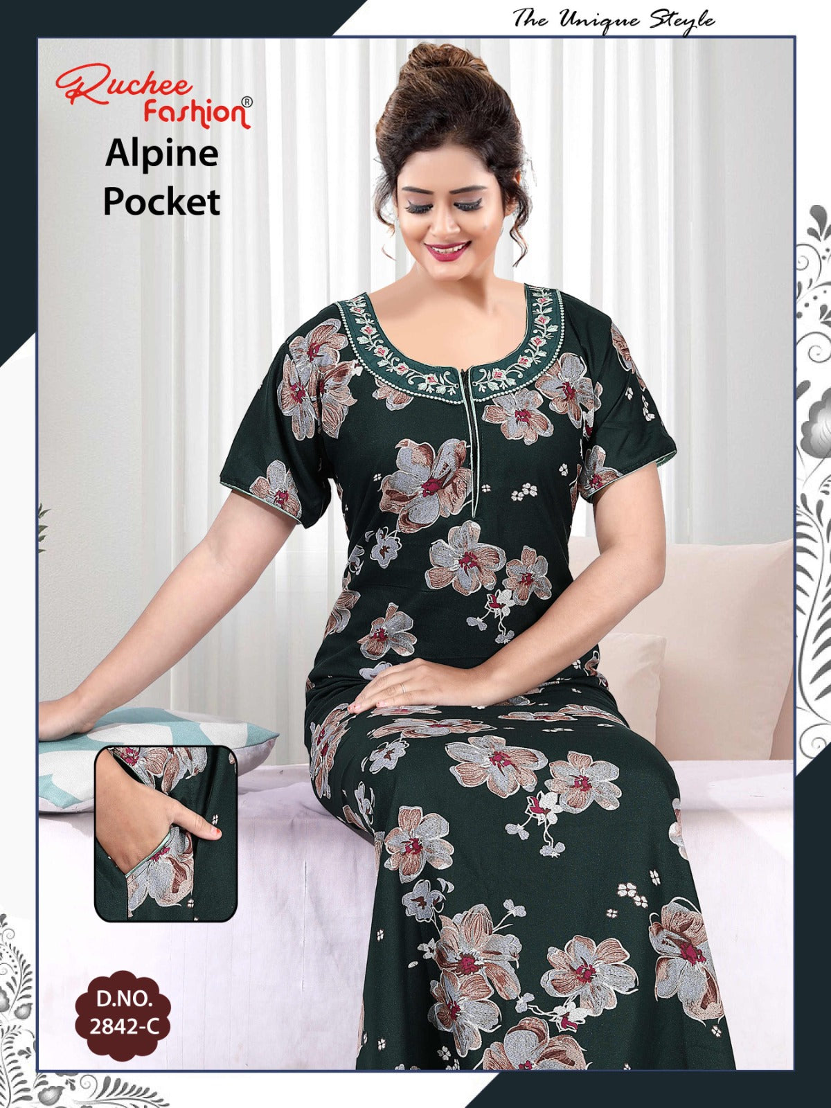 अल्पाइन पॉकेट 150325 रुची फैशन नाइट गाउन सप्लायर