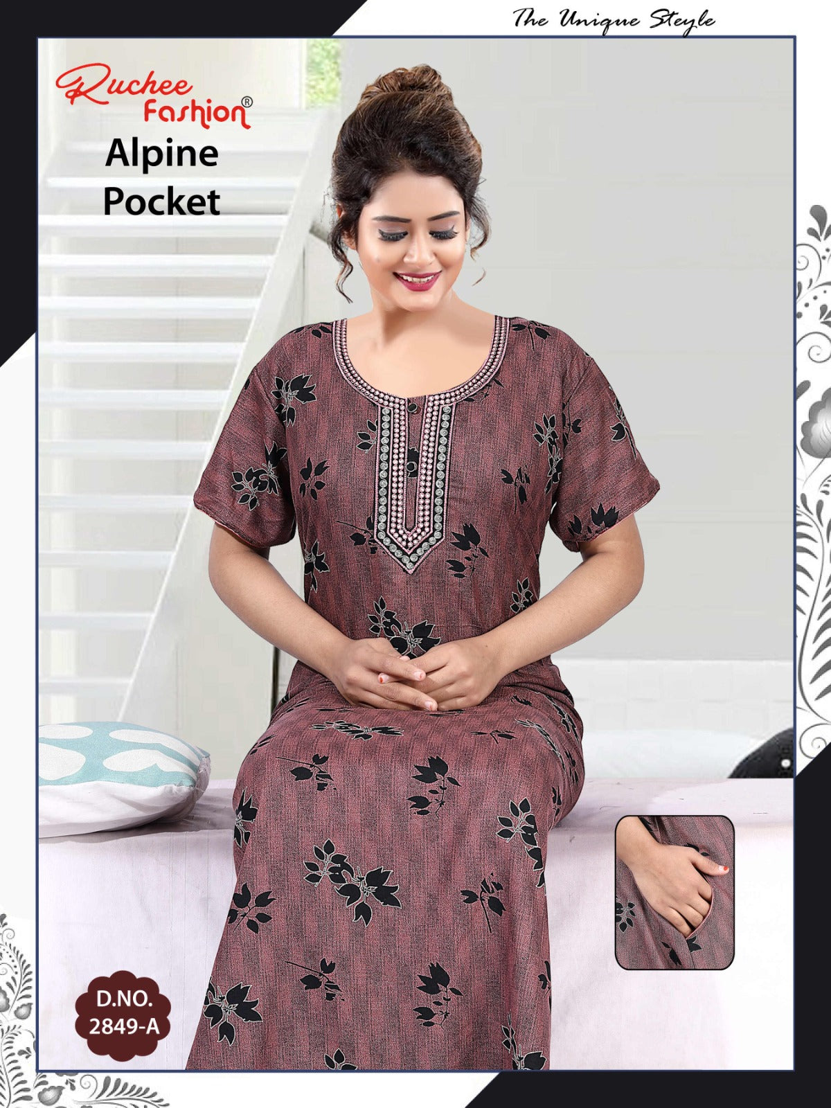 अल्पाइन पॉकेट 150325 रुची फैशन नाइट गाउन सप्लायर