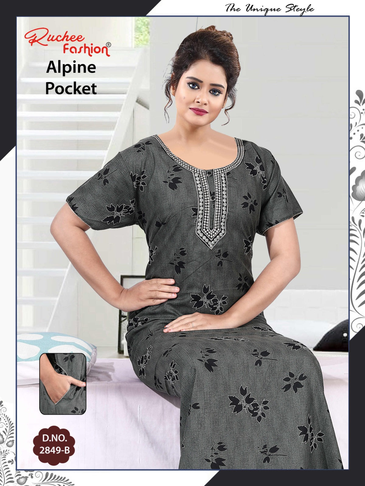 अल्पाइन पॉकेट 150325 रुची फैशन नाइट गाउन सप्लायर