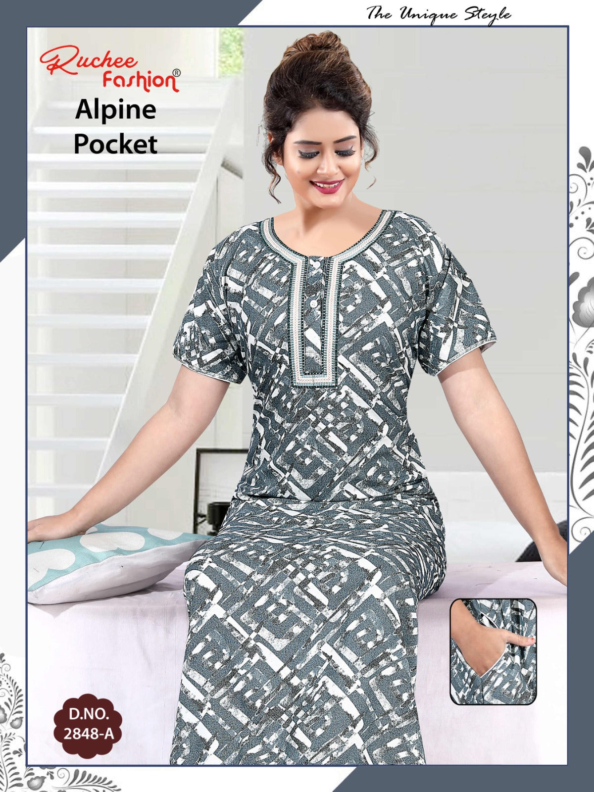 अल्पाइन पॉकेट 150325 रुची फैशन नाइट गाउन सप्लायर