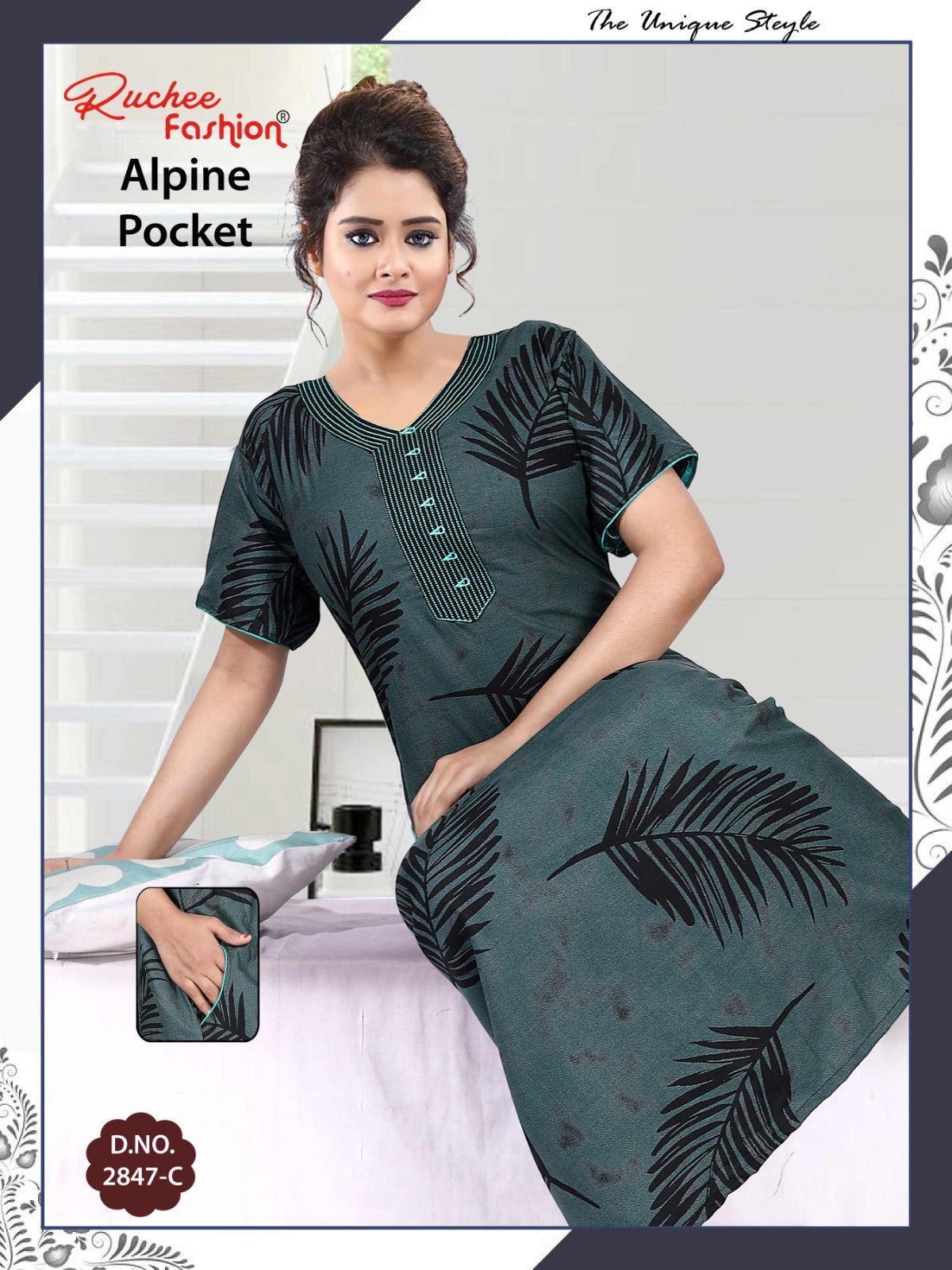 अल्पाइन पॉकेट 150325 रुची फैशन नाइट गाउन सप्लायर