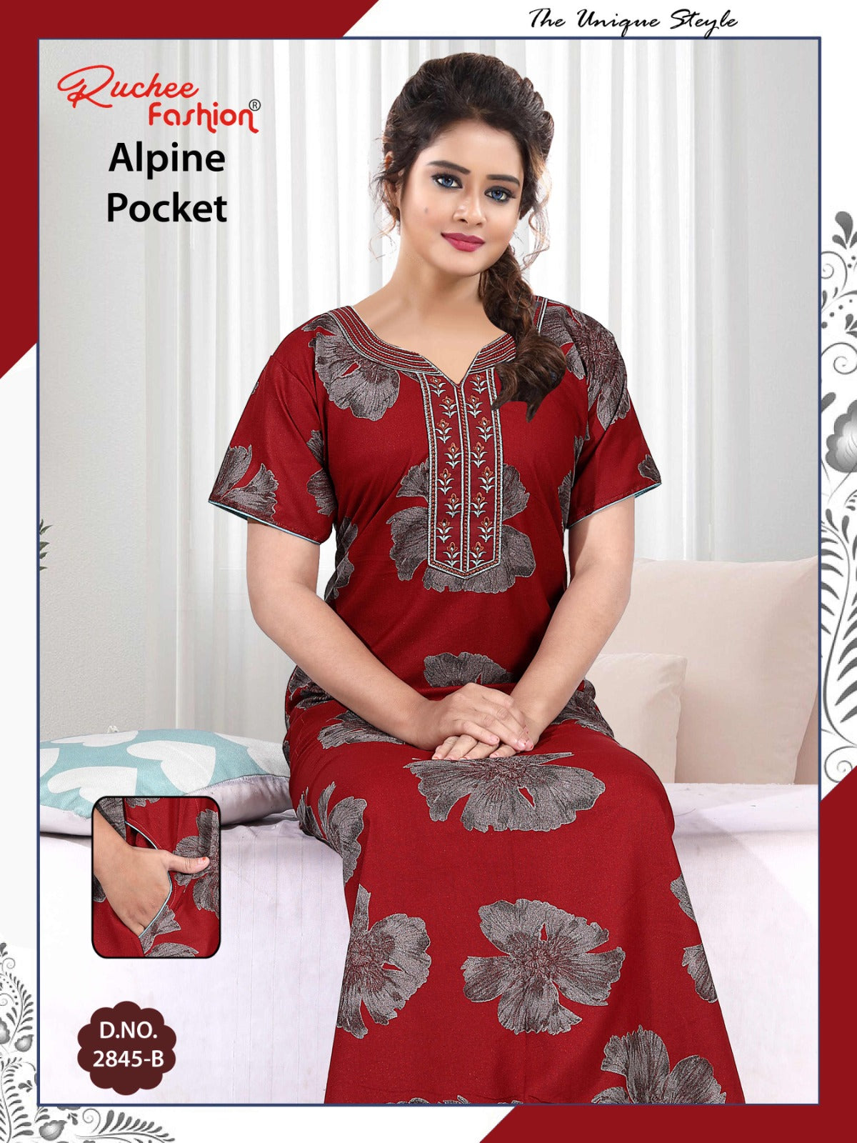 अल्पाइन पॉकेट 150325 रुची फैशन नाइट गाउन सप्लायर