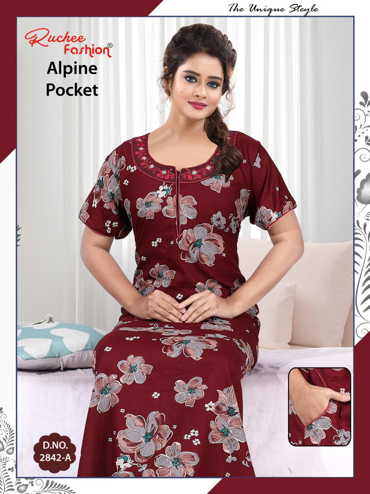 अल्पाइन पॉकेट 150325 रुची फैशन नाइट गाउन सप्लायर