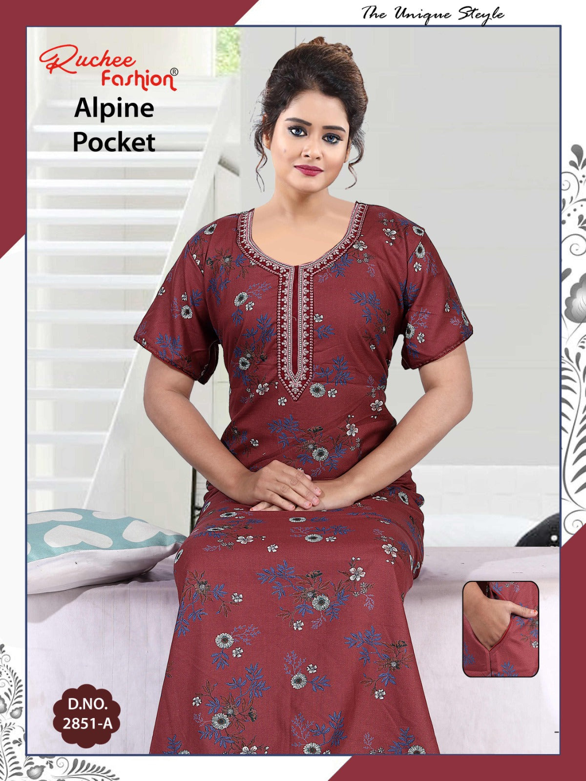 अल्पाइन पॉकेट 150325 रुची फैशन नाइट गाउन सप्लायर